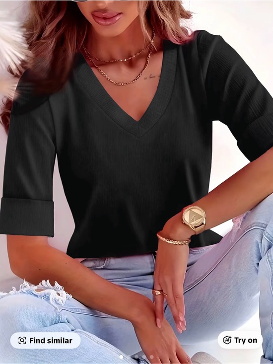 Foxclaw Tops - Black V-Neck Short Sleeve Blouse - Elegant Everyday